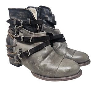 Freebird Crue 9 Gray Leather Ankle Boot Belted Boho Western Steampunk Casual